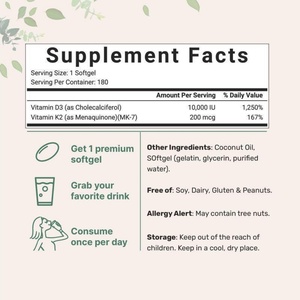 Cápsulas de Vitamina D3 de Primera Calidad, 180 300 Softgels, 10000 UI de Vitamina D3 y 200 mcg de K2 con Aceite de Coco, D3 K2 - Product Image 5
