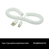 Câble de données USB-C à ressort avec connecteurs USB-A/USB-C pour P9, 4C, Mi 5 Pro, Mi 6 - Câble de charge de données pour voiture blanc de 3 mètres
