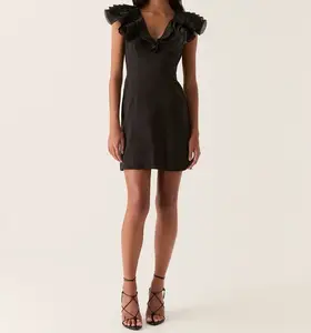 New Arrivals Short Sleeve Black Sexy Dress Deep V-neckline Linen Party dress for women