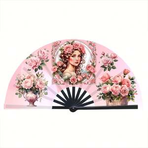 Éventail pliable en bambou de 33 cm pour festivals, promotions et fêtes – Éventail à main en nylon élégant avec motif peint - Product Image 3