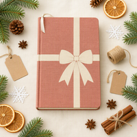 Carnet A5 personnalisé de Noël en papier cartonné rigide imprimé numériquement, avec couverture en lin, reliure cousue, ruban crème en terre cuite et nœud décoratif