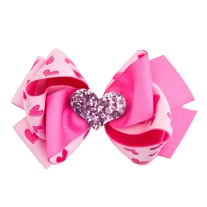 NO9-NO14 valentine days pink glitter heart boutique hair bows clip red heart printed ribbon hair bows for girls kids accessories