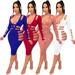 2023 New Sexy Strappy Cutout Dress Long Sleeve Party Clubwear Plus Size Women's Dresses