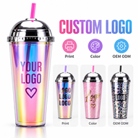 Gobelet en plastique à paillettes avec logo personnalisé et paille, double paroi, pour fête arc-en-ciel, cadeau, réutilisable, promotionnel