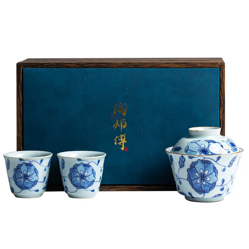 Ensemble de thé Kung Fu en porcelaine, bleu et blanc, branche de Lotus Tureen, ensemble de thé de voyage Portable, Mini ensemble