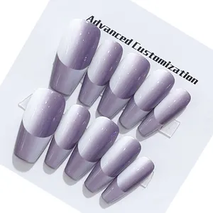 Handmade 10pcs Luxury French Tip Acrylic Nails Ombre Heart Diamond Coffin Ballerina Press-on Style 3D Design Packaged in Bag