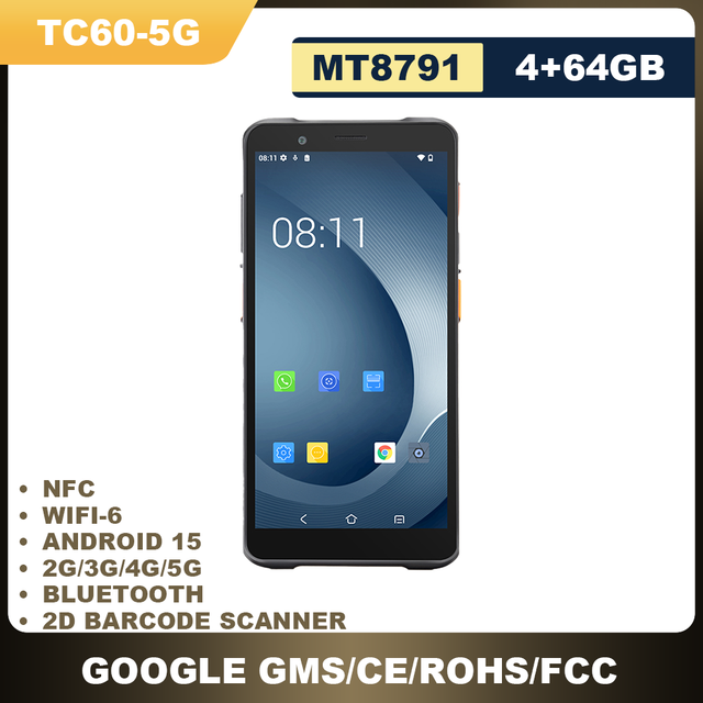 T60-5G 5G WiFi-6 Mobile Handheld Computer Android 15 Data Terminal Barcode Scanner PDA 6" Screen CM60 4+64GB IP67 NFC Stock