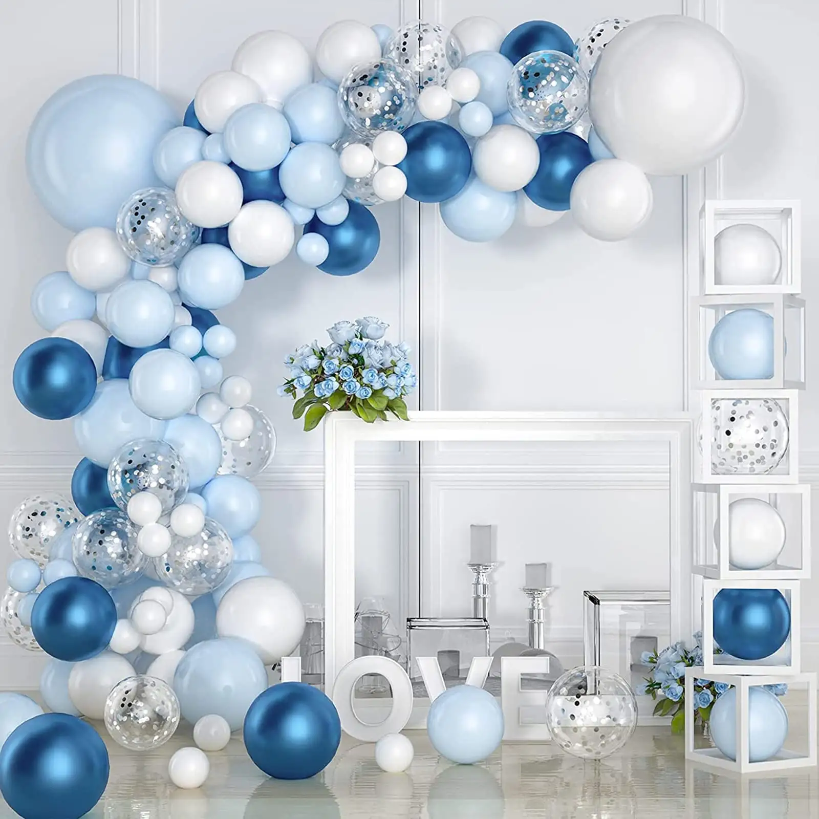 Kit lengkungan karangan bunga balon biru, balon Confetti biru metalik untuk Baby Shower pengantin ulang tahun pernikahan