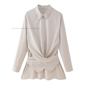 Women's Striped Front Shirt Collared Long Sleeve Tie-Back Casual Office Blouse <b>Top</b> Fashion - Product Image 2