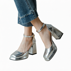 Women Metallic Silver Platform <strong>Block</strong> <strong>Heel</strong> Pumps SQUARE <strong>Toe</strong> <strong>Ankle</strong> <strong>Strap</strong> <strong>With</strong> Crystal Pendant <strong>Closed</strong> <strong>Toe</strong> High <strong>Heel</strong> Shoes - Product Image 1