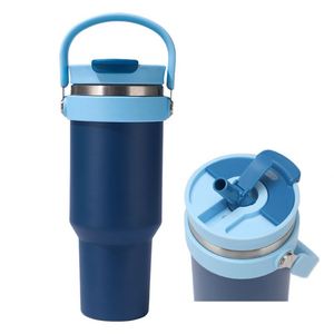 30oz Stainless Steel Insulated Tumbler <b>with</b> Handle and Flip Straw <b>Lid</b>, Leakproof Vacuum Travel Mug BPA-Free <b>Reusable</b> <b>Cup</b> for Car - Product Image 4