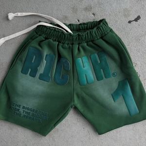 กางเกงขาสั้นผู้ชายสีดำแบบย้อมสีเอซิด สไตล์วินเทจ ผ้าฝรั่งเศสเทอร์รี่ พร้อมลายพิมพ์นูน  แบบลำลอง  ผูกเชือก - Product Image 6