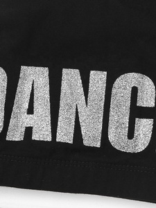 Ensemble de gymnastique pour filles en Spandex brillant métallisé, avec haut court dos nageur imprimé DANCE et short moulant, pour l'entraînement et la danse, vêtements de sport pour enfants - Product Image 4