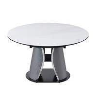Table à manger extensible et pliable Cooc, style moderne et luxueux, plateau en pierre microcristalline, mécanisme de rotation sur rail, base sculpturale sur piédestal