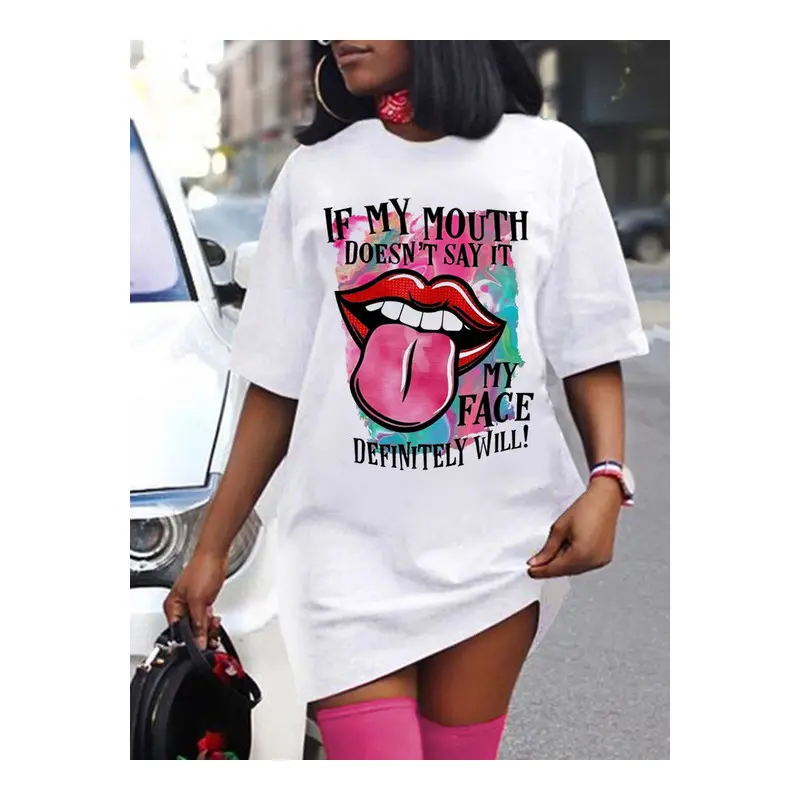 2023 New Fashion letter Lip Print Women's Tops Casual Oversize Woman Clothes Plus Size Women's T-Shirts Dress