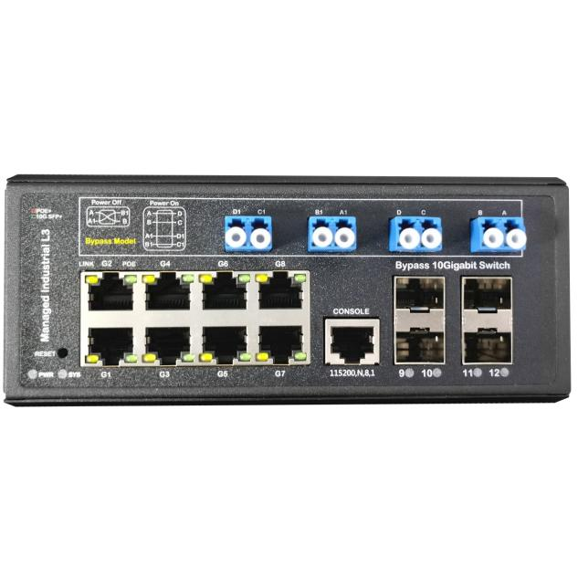 10G Fiber Port IP40 Industrial Optical Bypass PoE Switch 12Ports L2 Managed DIN Rail
