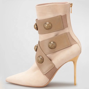 Botines de tacón alto de aguja retro de metal talla grande 45 para mujer, con punta, ajuste ancho, estilo retro, zapatos de vestir cortos - Product Image 1