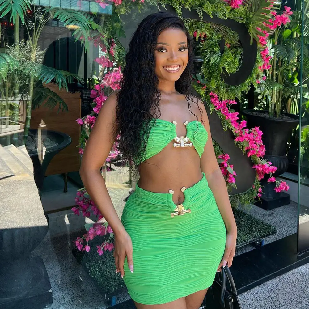 X12020C Casual Green Two Piece Set Women Hipster Sexy Wrap Chest Tube Tops Mini Skirt Matching 2024 Spring Party Club Outfits