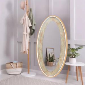 Luxe Decoratieve Ovale Wandspiegel Met Beige & Oranje Patroon Gouden Aluminium Frame Kwaliteit Glas Opknoping Voor Woondecoratie - Product Image 1