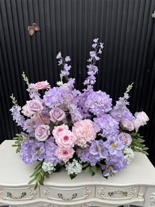 Nuovo Design Decorazione Floreale per Matrimoni Colore Viola Rosa Artificiale e Ortensia Viola Chiaro per Corridoio Nuziale - Product Image 6