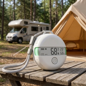 <span class=keywords><strong>Détecteur</strong></span> de monoxyde de carbone portable rond pour le <span class=keywords><strong>camping</strong></span>, alarme CO circulaire avec sangle de suspension pour la sécurité en extérieur - Product Image 1