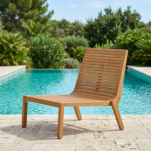 Chaise longue sans accoudoirs en teck massif de qualité supérieure, profil bas, avec lattes, pour patio et bord de piscine - Product Image 2