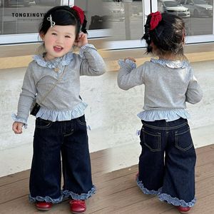 Girls Casual Spring Outfit Long Sleeve T-Shirt And Jeans Set Cotton Solid Color For Baby Girls - Product Image 1