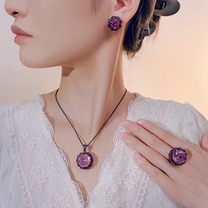 Fashion Eco-friendly Copper Women Wedding Jewelry <b>Sets</b> 16-10mm Dried Rose Cubic Zirconia Black Gold Plated Bridal Matching <b>Set</b> - Product Image 5
