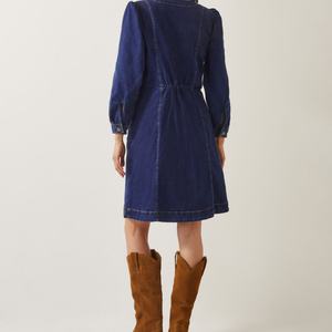 Robe en jean extensible bleue pour femme, style décontracté, nouvelle collection printemps 2025, fermeture éclair, ceinture, col rond, mini-robe pour femme - Product Image 3