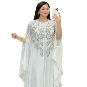 Abaya blanche florale perlée à col montant, coupe ajustée, broderie, manches longues, longueur ras du sol, modeste, en polyester, style Moyen-Orient, pour femme, Aïd - Product Image 1