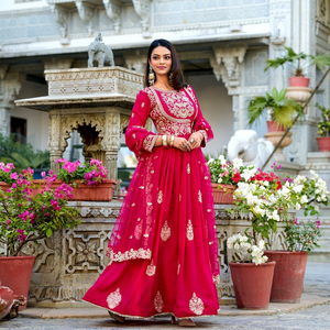 Traje Anarkali Étnico de Seda para Mujer con Dupatta, Kurta Larga Bordada con Flores, Vestido Estampado Reversible para Bodas y Fiestas - Product Image 1