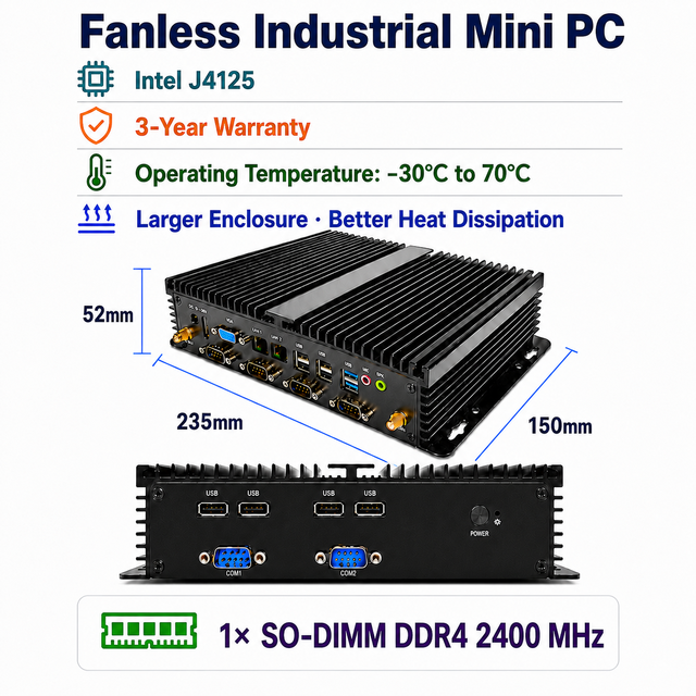 Wells Fanless Industrial Mini PC Intel Celeron J4125 SATA/MSATA 4K for RS232 COM DDR4 2400MHz Max 16GB Support 4G