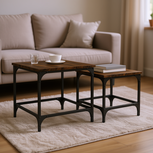 Set Of 2 Smoked Oak Engineered Wood Nesting <b>Coffee</b> <b>Tables</b> Industrial Modern Design Iron Frame Living Room Furniture - Product Image 2