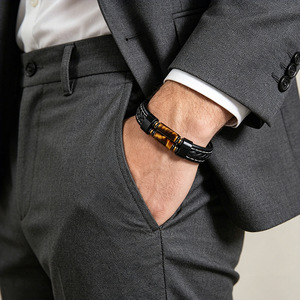 Men's Stainless Steel <b>Leather</b> <b>Bracelet</b> Tiger's Eye Inlay Braided Cord Gift Jewelry 7.5in 8.5in 9in - Product Image 2