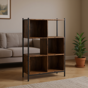 Smoked <b>Oak</b> Bookcase 6 Cubbies Powder Coated Steel <b>Frame</b> Modern Living Room Furniture - Product Image 2
