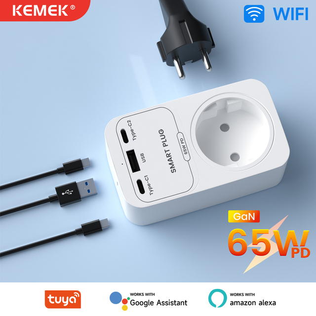 Tuya WiFi Smart Power Plug 65W GaN Charger USB a Type C Fast Charging EU Socket Works with Alexa Voice Control