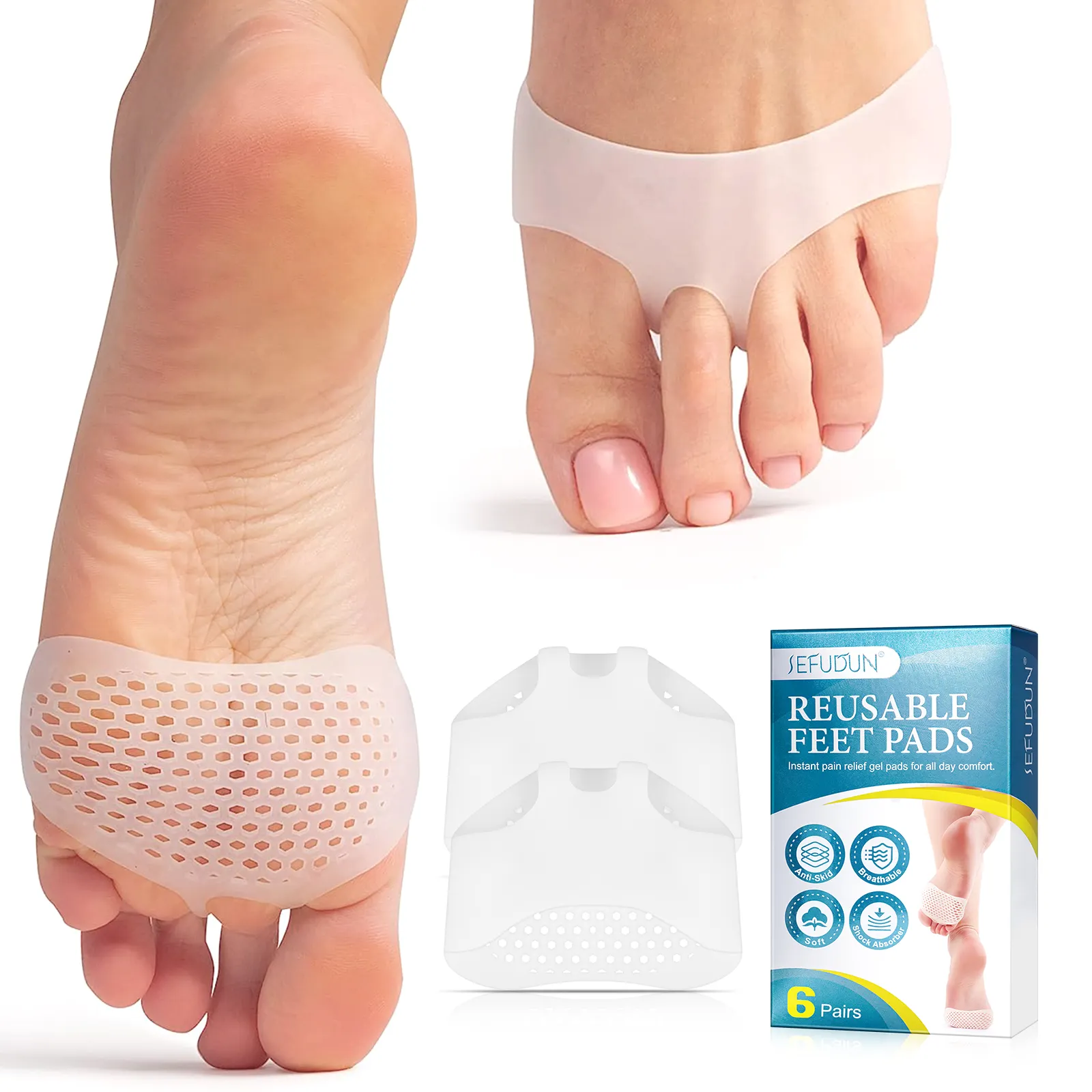 SEFUDUN pés almofadas, lavável reutilizável anti skid amortecimento respirável mulheres toe heels metatarso pé almofadas, gel antepé almofadas