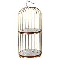 Support à dessert de luxe en forme de cage à oiseaux dorée à 2 niveaux avec dôme en verre pour le thé de l'après-midi