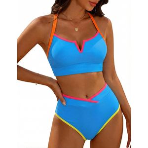 Conjunto de bikini deportivo de dos piezas para mujer, de cintura alta, con cuello en V, aros y control de abdomen, con bloques de color - Product Image 1