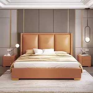 Tempat tidur kulit oranye ukuran King mewah Modern Italia kulit Set kamar tidur furnitur kamar tidur ukuran Queen
