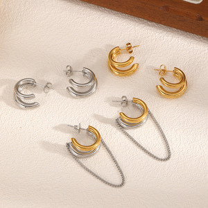 Geometric Tassel <b>Chain</b> <b>Titanium</b> Steel Stud Earrings For Women Elegant Color Block Design Gift Fashion Dangle Earrings - Product Image 2