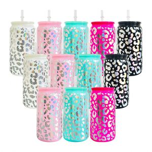 Venta al por mayor desde almacén en China: Latas de vidrio de 16 oz con estampado holográfico de leopardo y tapas de PP coloridas - Product Image 1