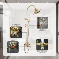 Robinet de douche en laiton doré classique européen de luxe, système à double poignée, pluie et jet, pour salle de bain d'hôtel