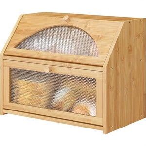 Boîte à pain en bambou avec porte en verre, armoire de rangement de cuisine en bois massif pour le pain et les aliments, utilisation sur comptoir - Product Image 1