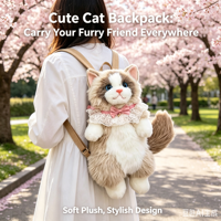 Sac à dos en flanelle ultra-réaliste en forme de chat de dessin animé, sac de rangement mignon pour l'école et les voyages, style Lolita