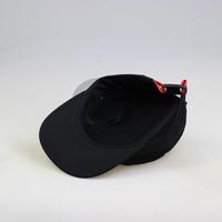 Casquette 5 panneaux noire de haute qualité avec patch tissé, logo personnalisé, visière plate, en sergé de coton, sangle réglable, pour activités de plein air et camping