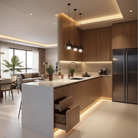 Meuble de cuisine modulaire moderne de luxe écologique style Shaker avec structure en contreplaqué, plan de travail en acrylique, robinet, évier, tiroir coulissant et panier
