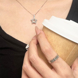 S925 Sterling Silver <b>Ring</b> Geometric <b>Open</b> Design Ice Crushing Texture Pave Setting Gift Jewelry - Product Image 3