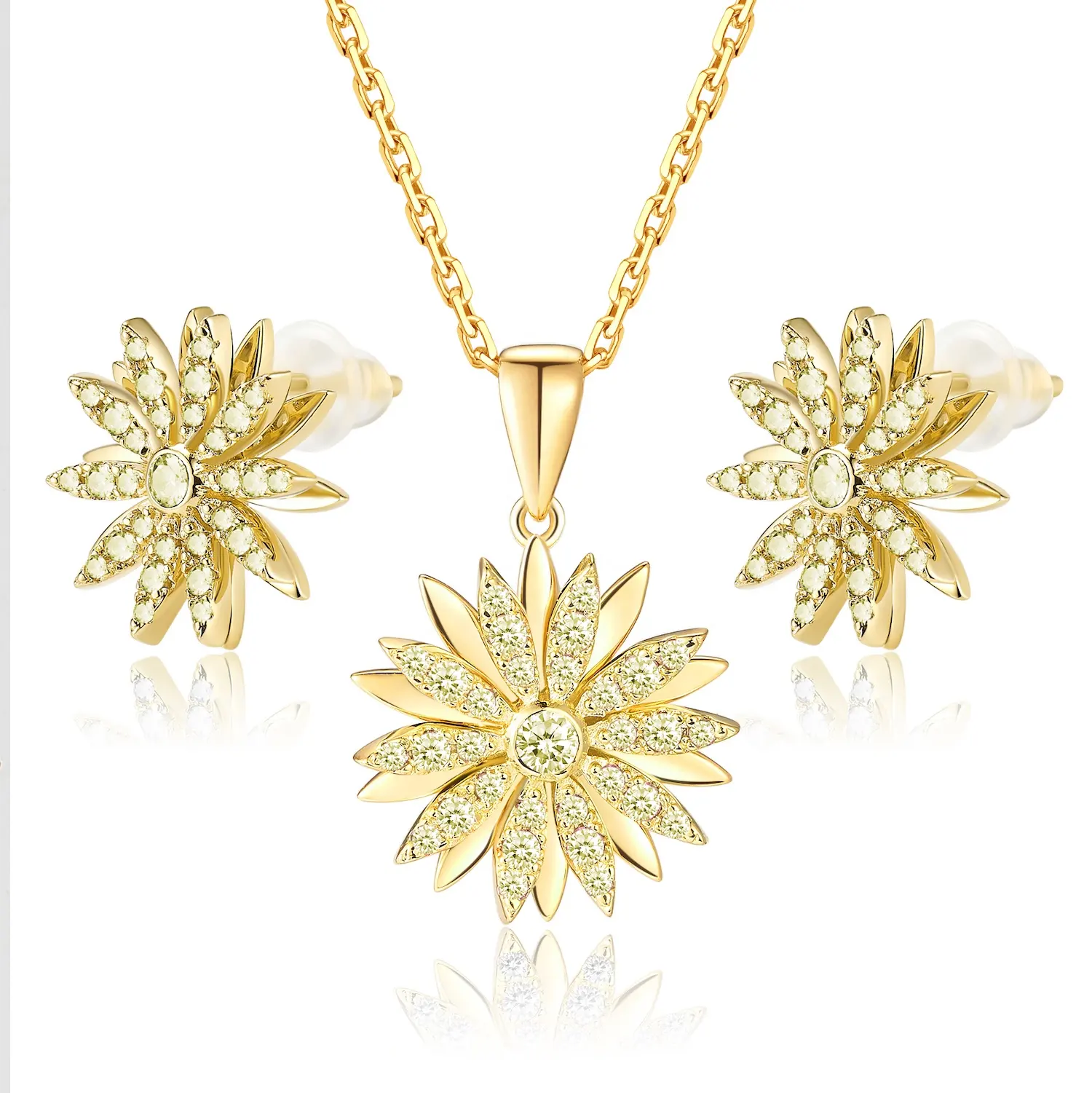 Zircon Rhinestone Decorated Flower Pendant 18k Gold plated Lady Women Metal Ball Chain Necklace Jewelry Set