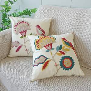 Funda de Almohada de Lona Bordada Rústica Clásica de Lujo con Diseño de Plantas y Aves, Cierre de Cremallera, Personalizable para Sala de Estar o Sofá - Product Image 2